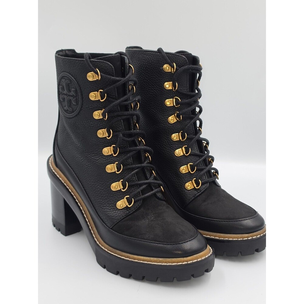 Tory Burch Miller 95MM Black Leather Lug Sole Hiker Boots Women 6 77289